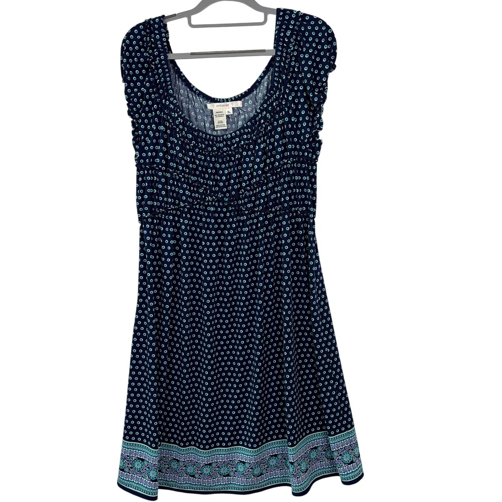 Studio M Empire Waist Dress XL Navy Teal Polka Dot